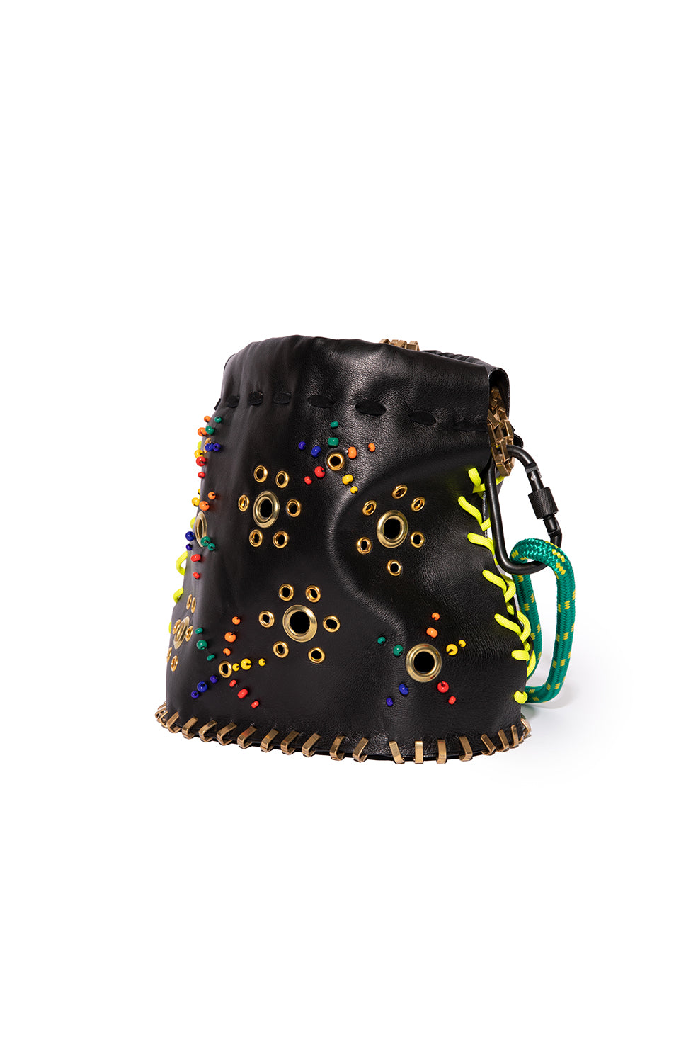 Black IMEMOI bucket bag with green rope handle and brass chain