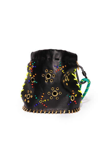 Black calfskin Teapot bucket bag with rainbow eyelets